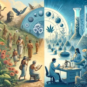 Imagem ilustrativa mostrando a jornada histórica da fitoterapia, com civilizações antigas utilizando plantas medicinais contrastando com a pesquisa científica moderna.
