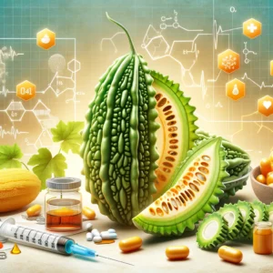  Imagem mostrando o Melão de São Caetano, com foco em seus benefícios para o controle do açúcar sanguíneo e gestão do diabetes, incluindo uma representação da fruta e elementos que simbolizam seus benefícios à saúde.